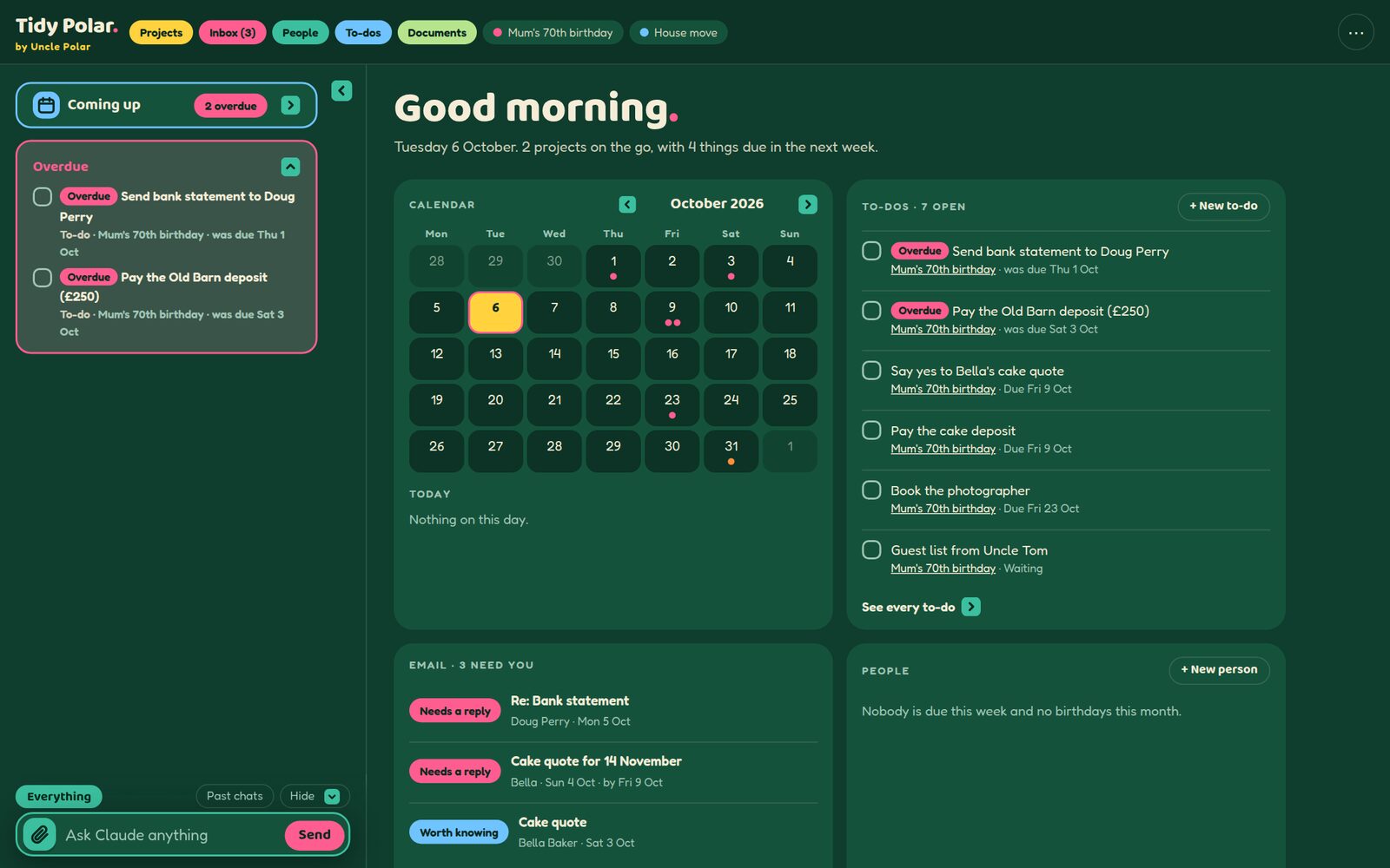 The Tidy Polar home screen: a calendar, open to-dos, emails that need a reply and the chat box